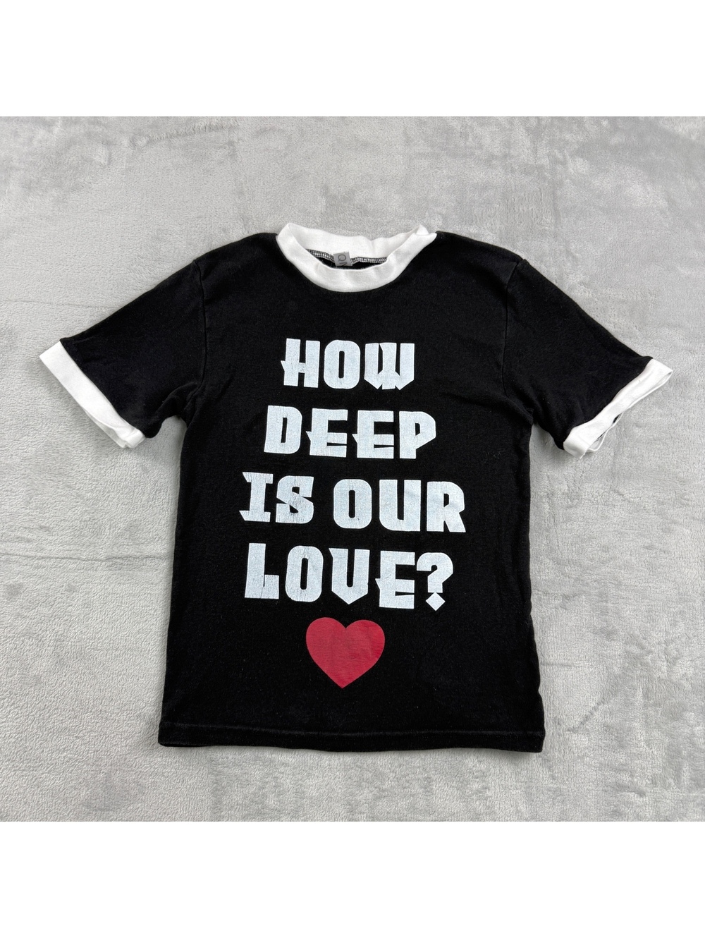 'How Deep Is Our Love' Black White Ringer T-Shirt Slim Crop Graphic Heart Retro